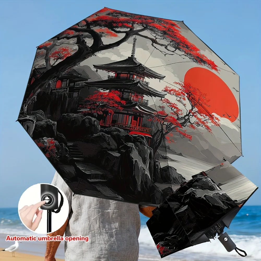 

1pc Automatic Open/Close Umbrella with Plum Blossom Design - Automatic Folding/Unfolding, Windproof 8-Rib Compact Portable Aut