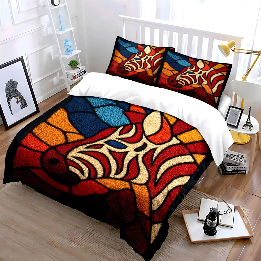 Stained Glass Style Zebra Pattern Printed Duvet Cover Set 1 Duvet Cover+2 Pillowcase Multi Size Bedroom Bedding Decor