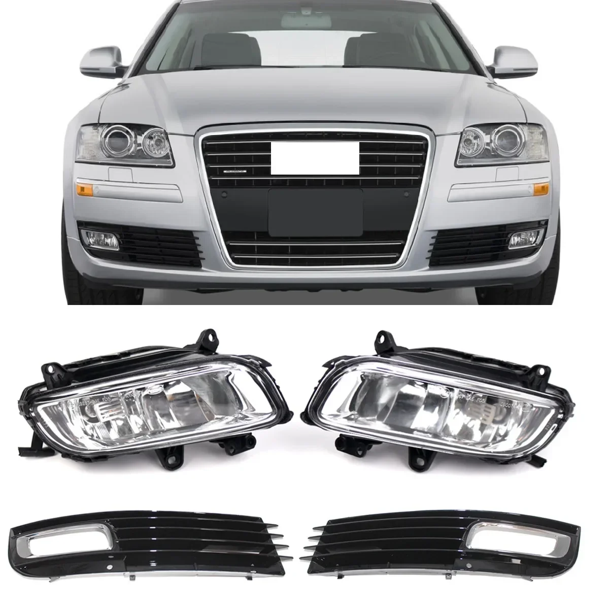 

A Set Four Pieces Front Bumper Foglight Fog Light and Frame Grille Cover for Audi A8 D3 2008 2009 2010 Car Replacement Parts