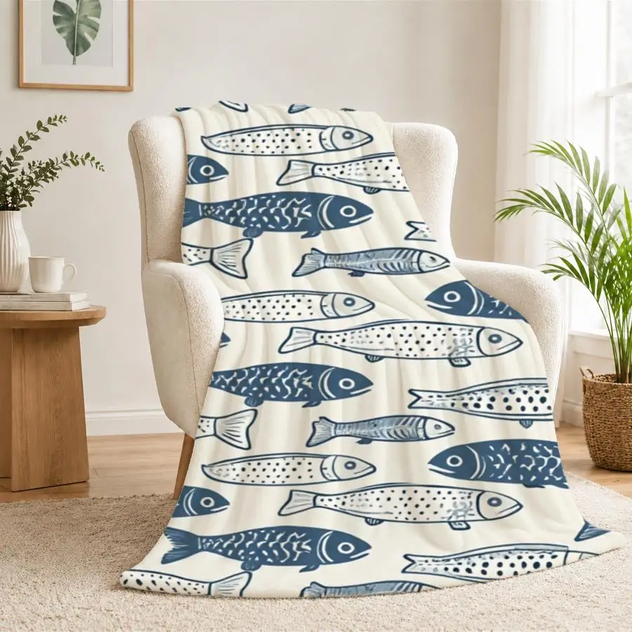 Navy Blue Fish Line Art Flannel Throw Blanket-Soft & Warm Minimalist Design with Stylized Swimming Fish on Background, Ideal for Couch, Bed, Office & Travel, Perfect Gift for Friends & Family, Machine Washable 2D Flat Weighted Blanket 280GS, 2D Flat