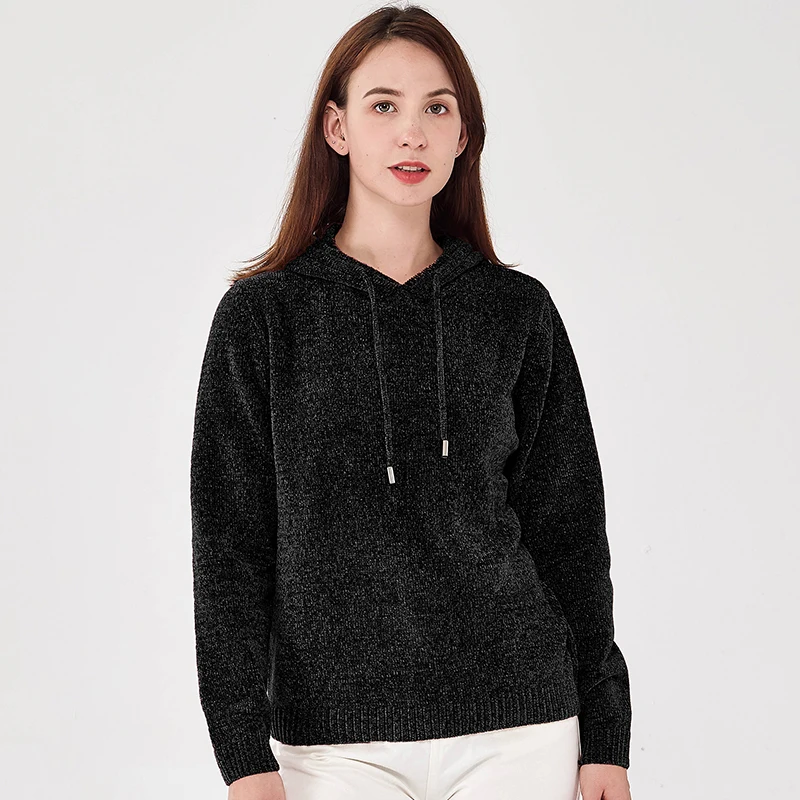 Women's Hoodies Ribbed Cuff Hem Jumper Drawstring Hooded Knitted Long Sleeve Tops Chenille Sweater Black Pullover Woman's Jumper