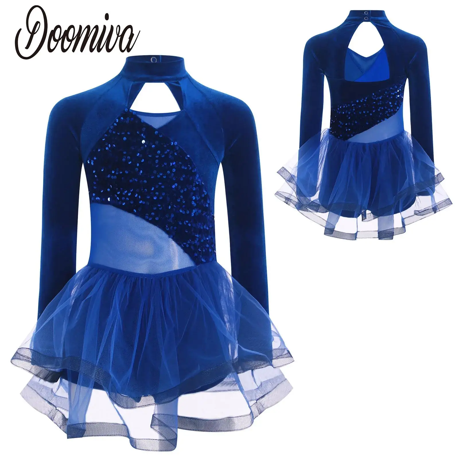 Girls Ballet Leotard Dresses Long Sleeve Velvet Sequins Gymnastics Leotard with Tulle Tutu Skirt Ballerina Performance Dancewear