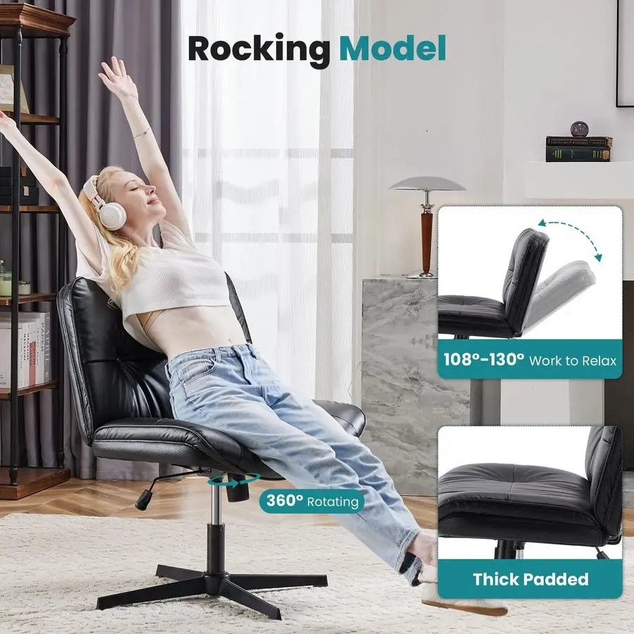 Criss Cross Chair Without Wheels, Cross Legged Office Chair, Armless Wide Vanity Desk Chair with Comfy PU Leatheramp Back Swivel