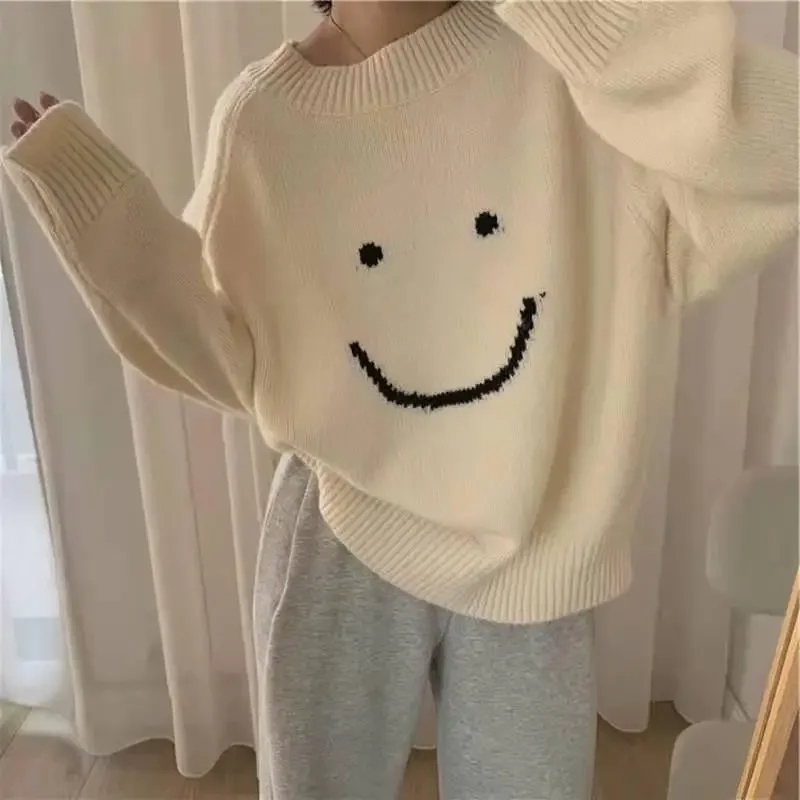 

Women O-Neck Korean Style Harajuku Chic Ladies Jumper Loose Print Smile Sweater 2023 Autumn Winter Female Sweaters Tops Pullover