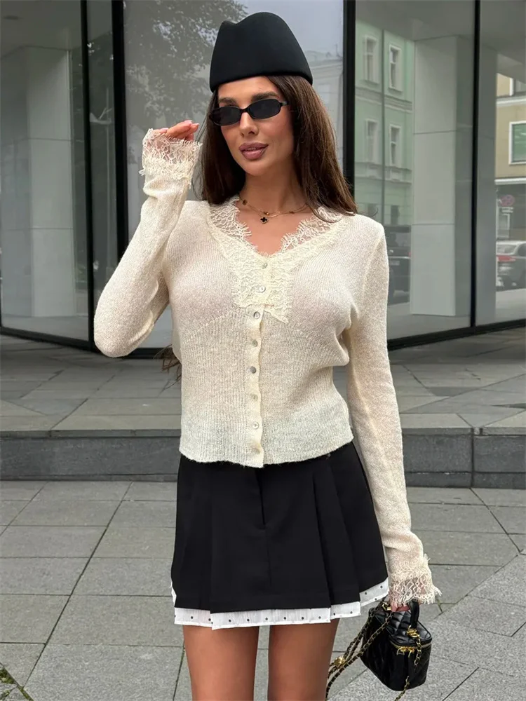 

Tossy V-Neck Lace Knit Sweater Cardigan For Women Patchwork Printed Casual Ribbed Knitwear Top Female Autumn 2025 Cardigan New