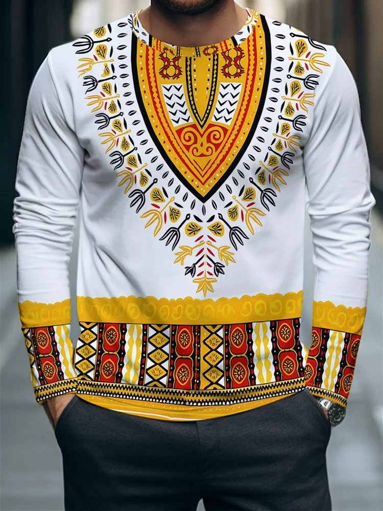 Men's African Dashiki Long Sleeve T-Shirt Ethnic Geometric Tribal Graphic Tee Pullover Tops Gift New Fashion Hot Trendy Art