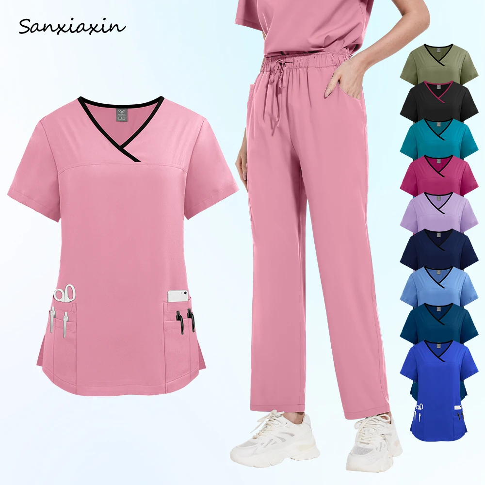 Thin and Light Fabric Scrub Uniform Nurse Medical Work Clothes Women Short Sleeve Nursing Set Elastic Medical Uniform for Summer