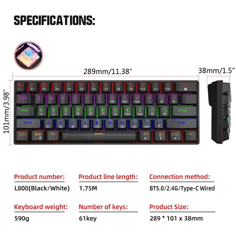 3 modos com fio/sem fio compatível com BT 5.0 61 para teclado retroiluminado RGB chave para PC