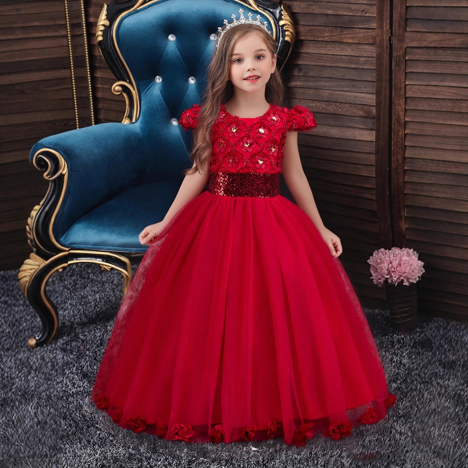 Girls Flower Embroidery Sequins Long Dress For Teens Ceremony Wedding Birthday Party Formal Pageant Prom Christmas Maxi Gown