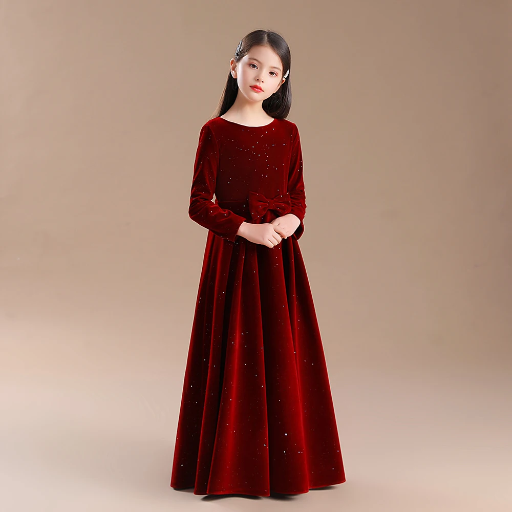 Elegant Party Dress Velvet Flower Girl Dress for Wedding Long Sleeves Princess Bow Birthday Concert Short Junior Bridesmaid Gown