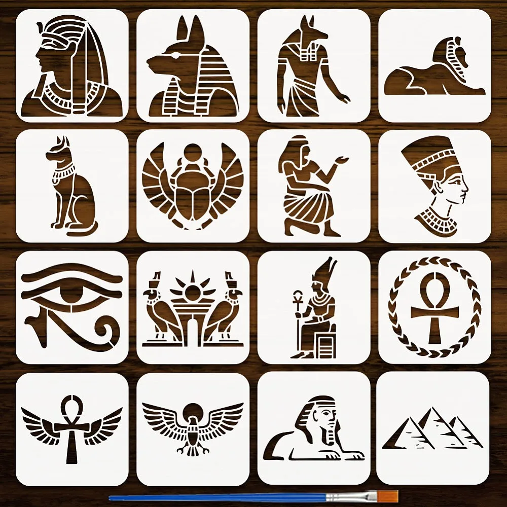 16PCS Egypt Painting Stencil 6x6 Inch Egyptian Symbol Stencils Sphinx Scarab Pattern Plastic 16 Style Egyptian Template