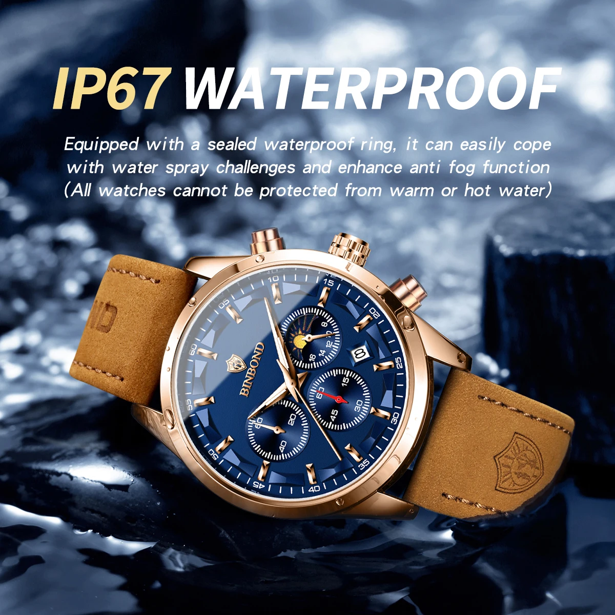 BINBOND Luxury Man Quartz Watch Waterproof Luminous Pointer Date Chronograph Leather Men Wristwatch Military Sports Male Watches