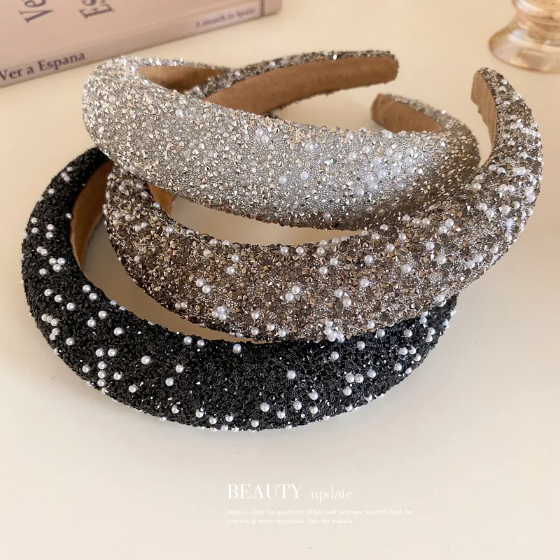 Korean Full of Rhinestone Pearl Sponge Hair Band for Women New Fashion Light Luxury Headwear Girl Sparkle Hair Accessories