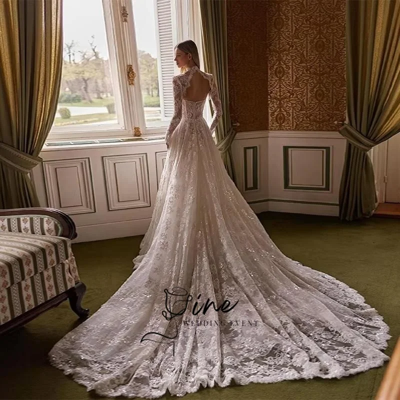 Oine Customized Exquisite Lace A-line Wedding Dress Long Sleeves Sequin Bridal Gown Back Zip Sweep Train Vestidos De Novia 2027