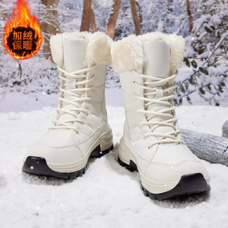 High quality mid calf leather snow boots for women new 2023 winter size 41 42 outdoor plush warm walking shoe - black white