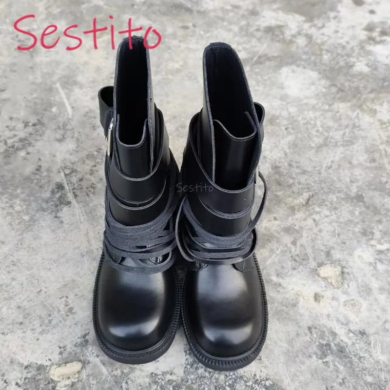 

Black Strap Wrapped Women's Boots Thick Heel Thick Sole Height Increasing Belt Short Tube Boots Front Strap Design Short Boots