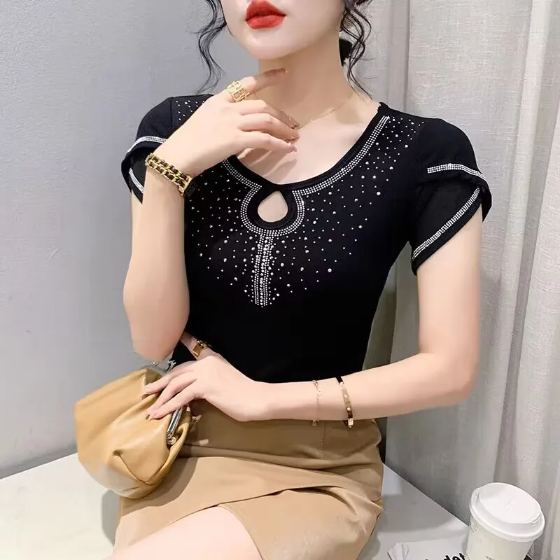 New Summer High-End Short Sleeved Women\'s T-Shirt Fashion Hollow Out Hot Diamonds Mesh Tops Casual O-Collar Design M-3XL Tees