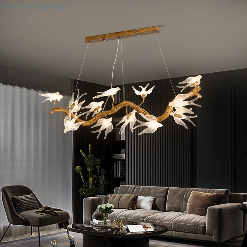 Glass Bird Crystal Chandelier For Dining Living Room Kitchen Table Loft Vintage copper Branch Hanging Pendant Chandeliers Light