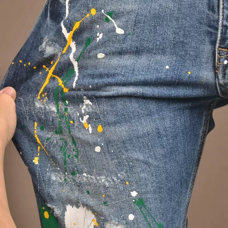 Street Fashion Men Jeans Retro Blue Painted Designer Elastic Ripped Jeans Men Stretch Trousers Hip Hop Denim Pencil Pants Hombre