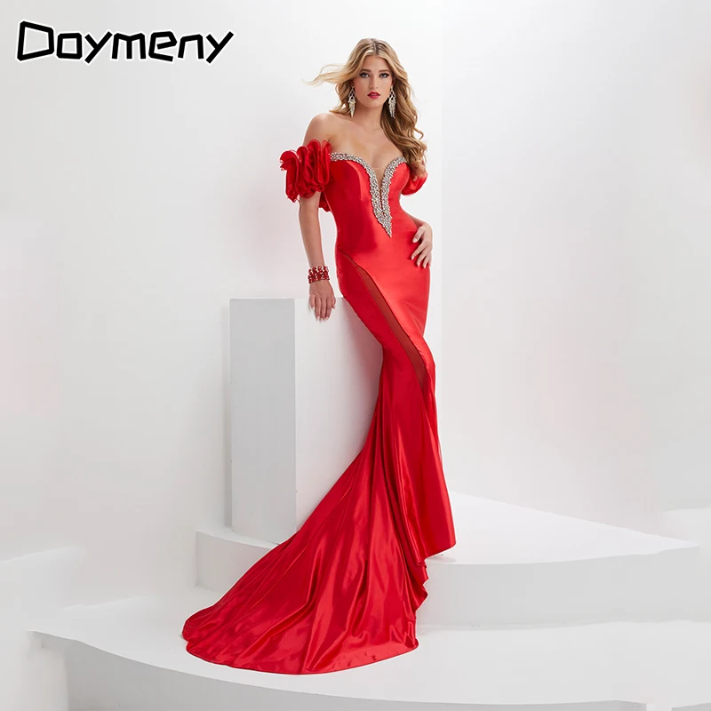 Mermaid Crystal Prom Dresses  Trumpet Ruffled Dinner Formal Party Sparkly Evening  Dance Off the Shoulder Gala Gown Vestido De