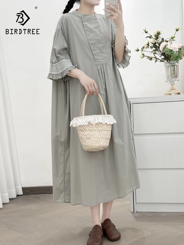 

New 2025 Summer Cotton Short Sleeve Dresses, Women O Neck Ruffles, Mori Girl Retro Japan Style Chic Loose Long Dress D54364CC