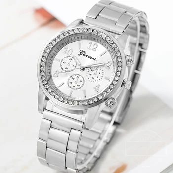 Luxury Quartz Watch Women Business Fashion Casual Round Rhinestone Rhinestone Silver Stainless Steel Strap Watch