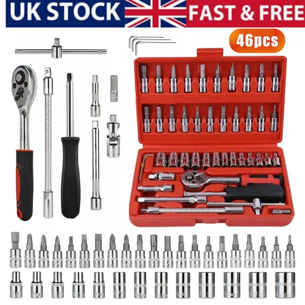 46PCS Metric Socket Set Ratcheting Plum Wrench Kit 1/4