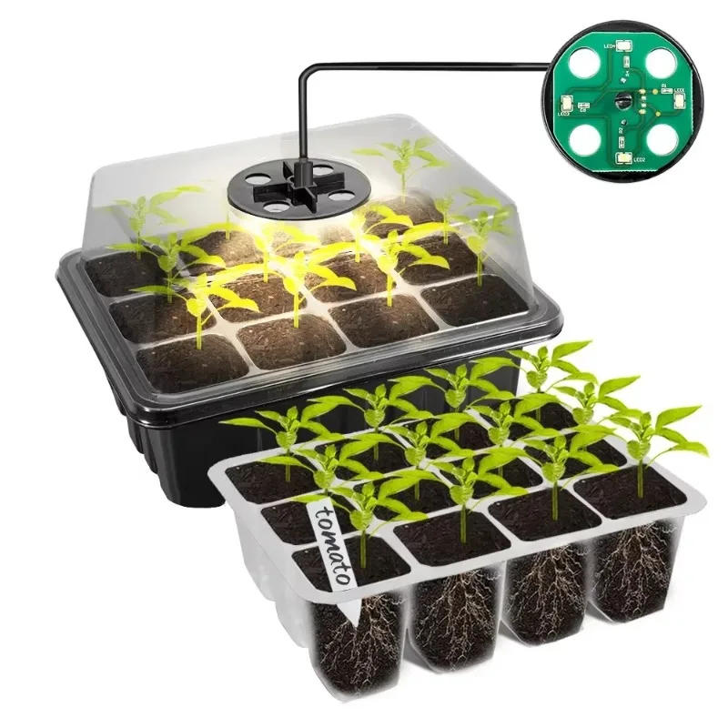 6/12 Cell Seed Starter Tray Box With LED Grow Light Nursery Pot Seedling Germination Planter Adjustable Ventilation Humidity