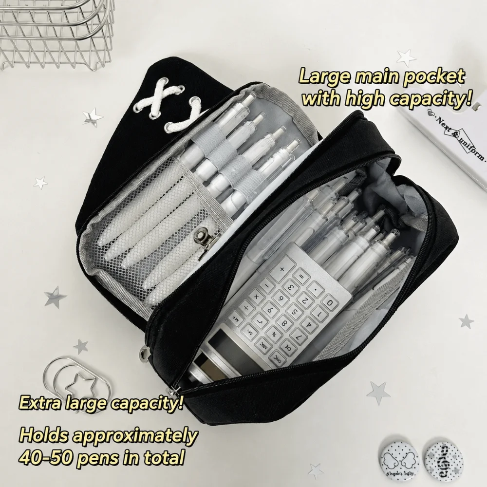 Durable Canvas Pencil Case Solid Black with Lace-Up Flap Pencil Pouch Multi-Pocket Large Capacity Pen Bag School Supplies