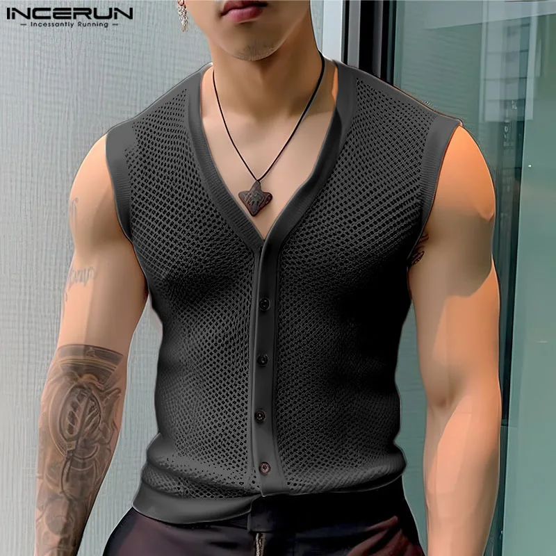 INCERUN 2024 Men Tank Tops Mesh Hollow Out Solid V Neck Sleeveless Male Vests Summer Transparent Streetwear Fashion Men Clothing