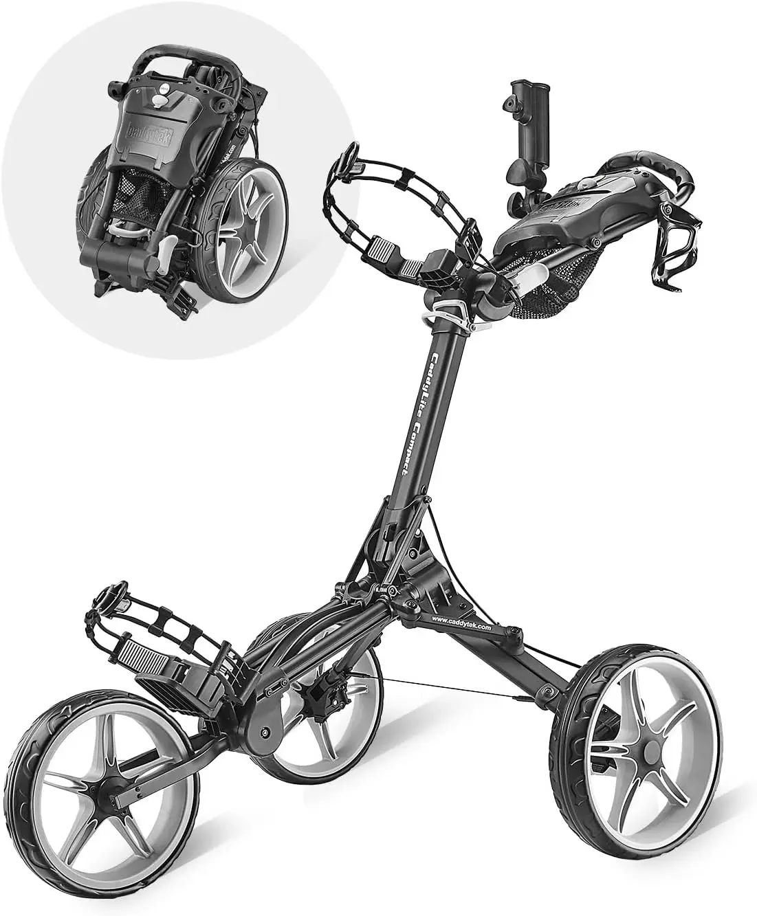 

Caddylite Compact 3 Wheel Golf Push Cart, One Click Folding Design, Smallest Folded Footprint, 32" Wide Wheelbase with