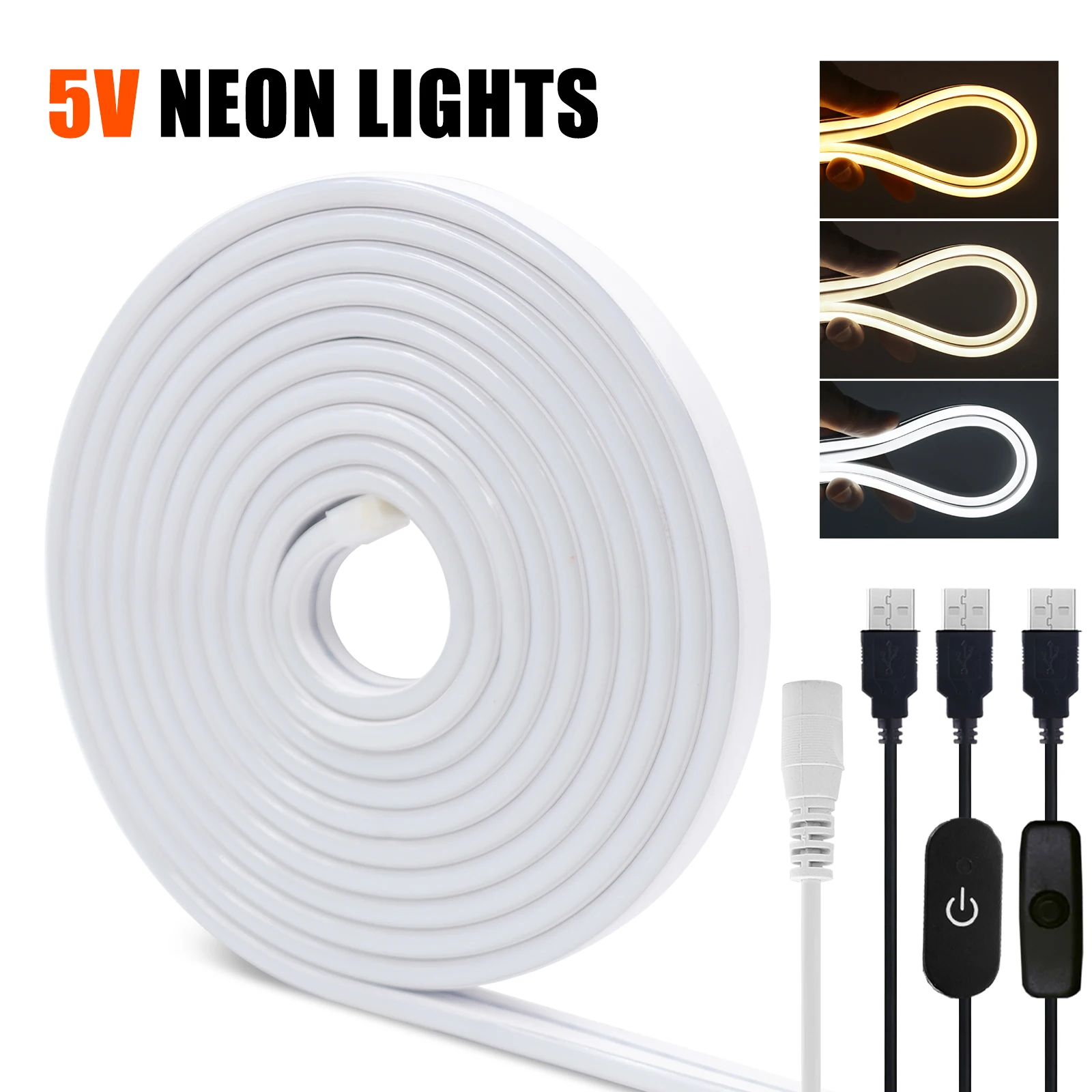 5V USB LED Neon Strip Light Switch Dimmer Kit Waterproof 120LED/m White Warm Natural Room Decoration 0.5m 1m 2m 3m Flexible Lamp