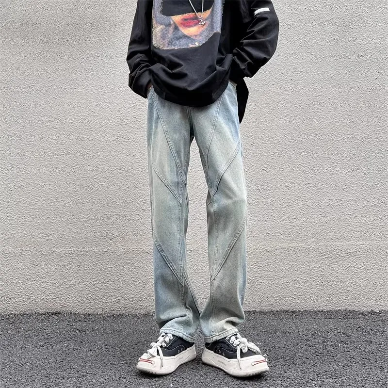 

Retro American Splicing Denim Pants Men's Loose Straight Hiphop Drape Design Long Trousers Spring Autumn High Street Sle