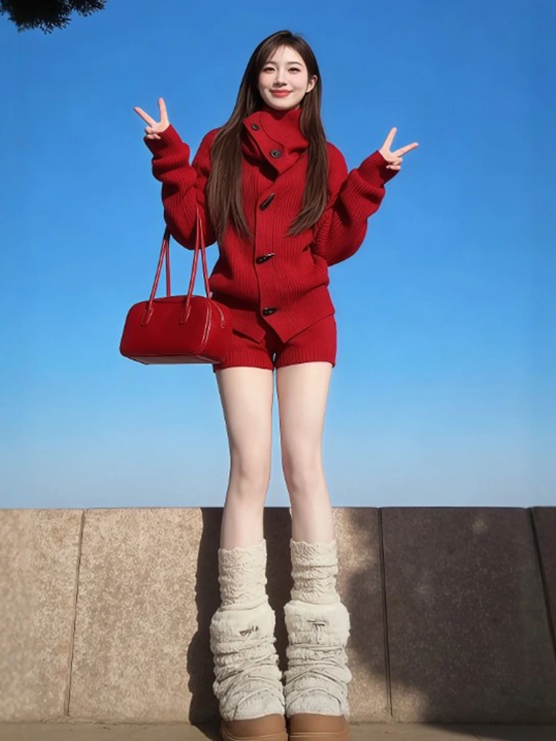 

Red Knitted Sweater And Shorts Set Unique Stylish Spring Fashion for Young Women Comfortable High Waist Cotton Inner Material