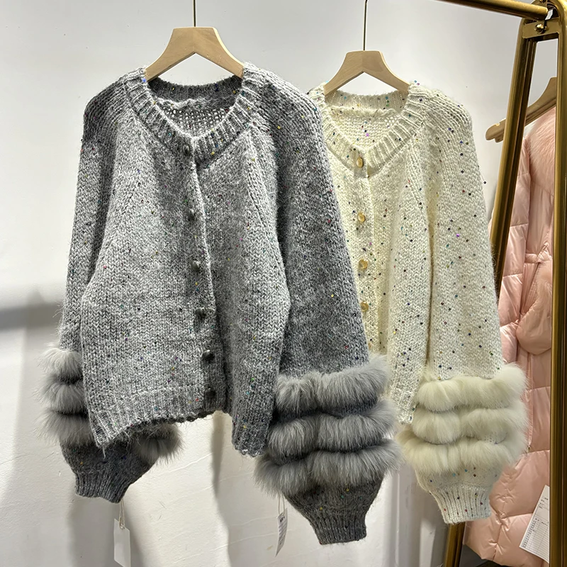 2025 herbst Frauen Glänzende Pailletten Echt Fox Pelz Pullover Spezielle Design Gestrickte Jacke Tragen