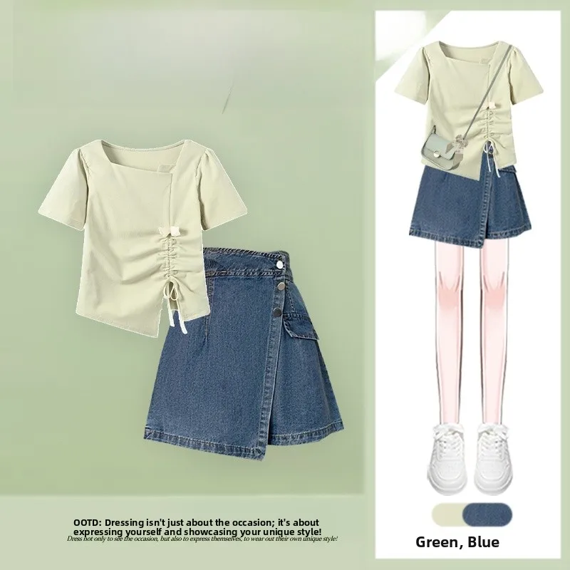 Estate anti-età coreano Sle Sweet ort Sve T-shirt a vita alta dimagrante gonna di jeans casual set da due pezzi Faion da donna