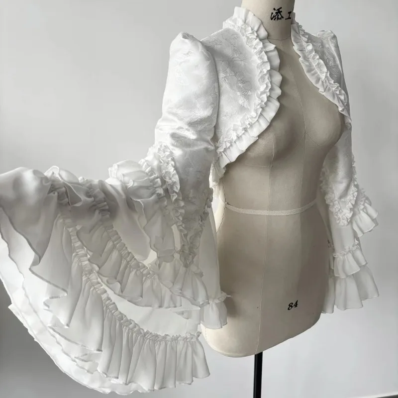 

Women Gothic Lolita Jacket Jacquard Ruffle Bolero Coat Elegant Long Sleeve Layered Frill Shoulder Cape Top Halloween Cosplay