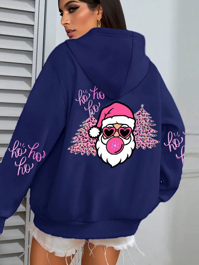 

Женская толстовка с принтом Санта-Клауса, осенний универсальный пуловер, флисовый карман, женская уличная одежда, повседневная свободная толстовка
