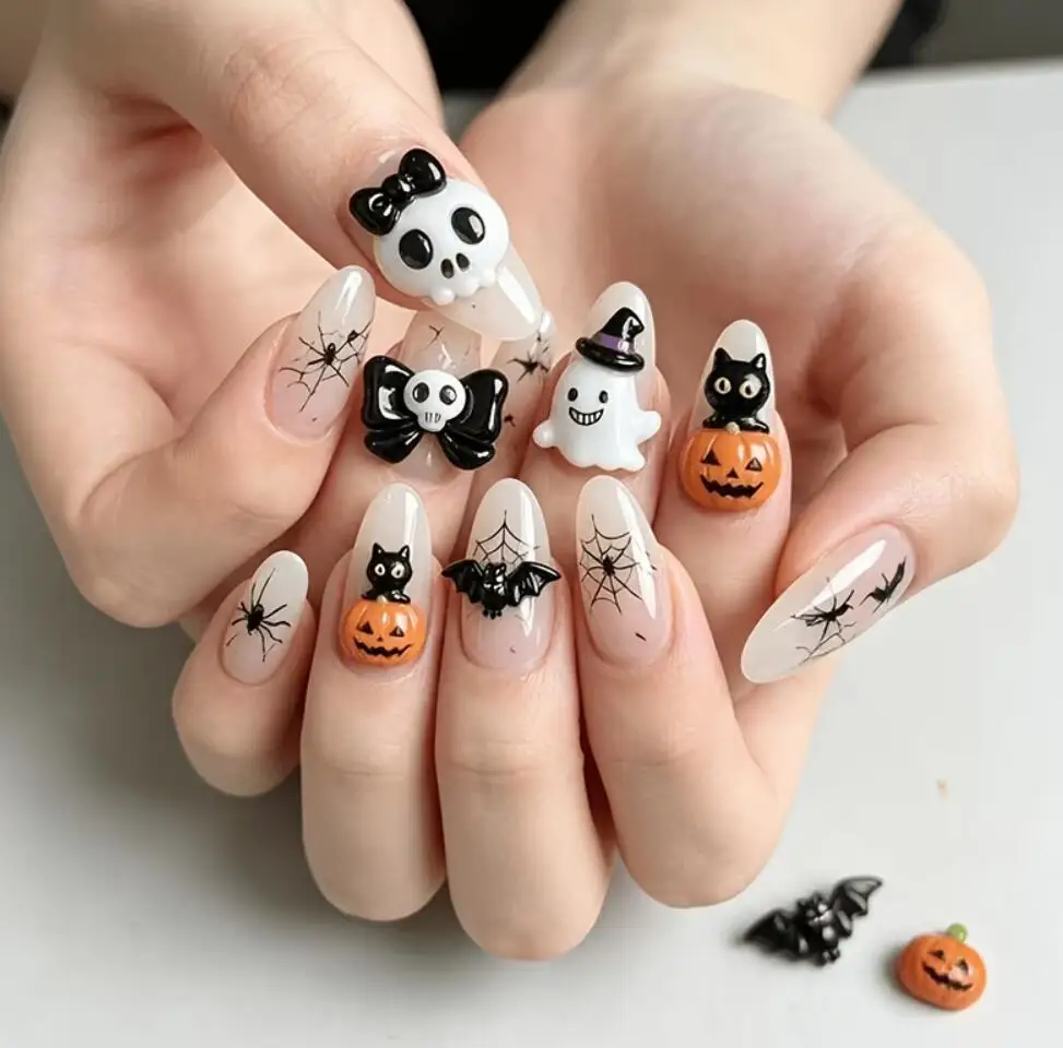 12er-Set 3D Schwarz-Weiß Halloween Nagel-Charms: Niedliche Totenkopf-/Geister-/Kreuz-/Katzen-/Kürbis-/Fledermaus-Nagelsteine aus Harz mit flacher Rückseite zur Nageldekoration – Detail 9