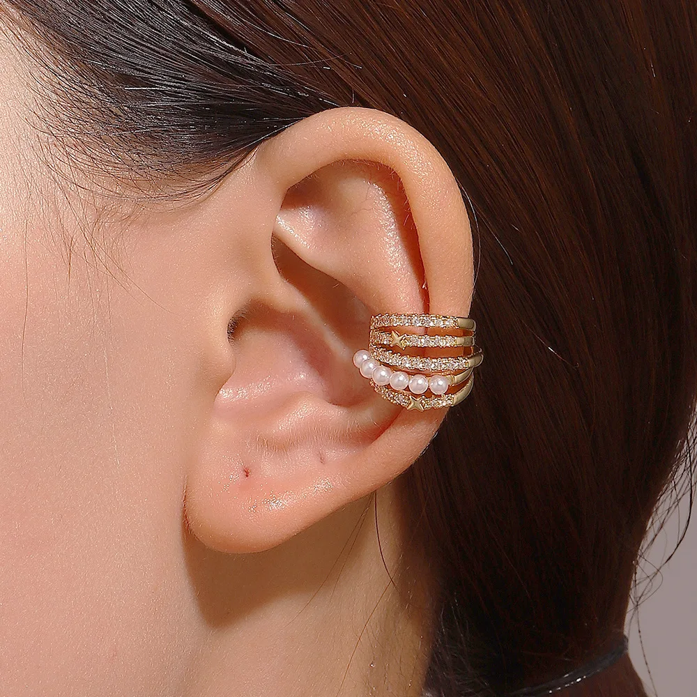 1Pcs Multi Layer Imitation Pearl Clip Earrings Non Piercing CZ Stone Earrings for Women French Minimalist Ear Cuff Body Jewelry