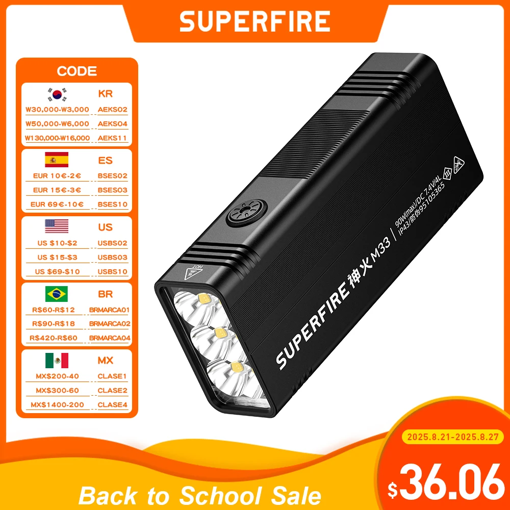

SUPERFIRE M33 10000 Lumen 90W Super Bright Flashlight, Type-C Rechargeable Aluminum Torch 6 LED Outdoor Fishing Search Light
