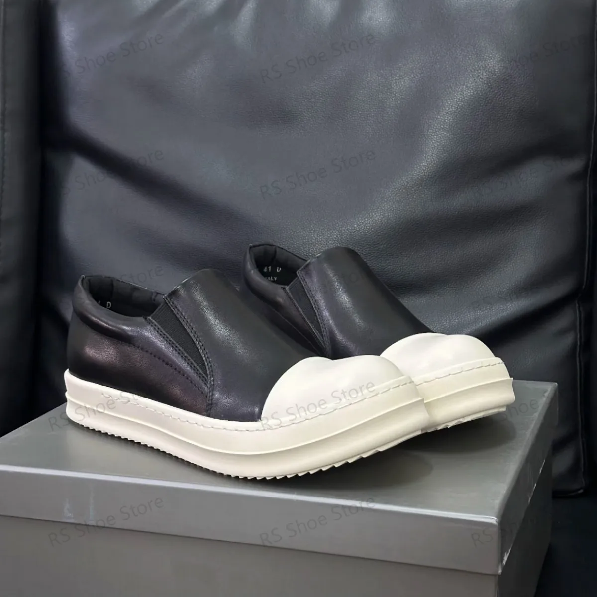 

Ro Luxury Low Top Sneakers Brand Black Leather Shoes High End Thick Sole High Quality Shallow Set Foot Original Casual Shoe