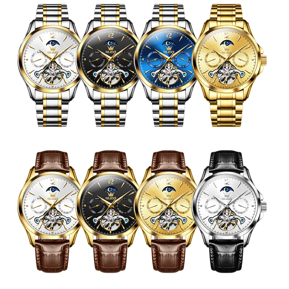 OLEVS 6663 Business Men's Watches Luxury Stainless Steel Original Brand Automatic Mechanical Wristwatch Moon Phase Date Week