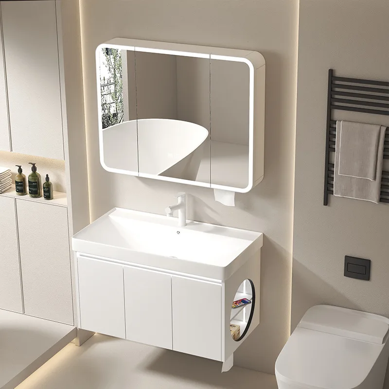 

Алюминиевый сотовый шкаф для ванной комнаты. Встроенный керамический шкаф для увеличенной и утолщенной раковины. Комбинация бокового хранения.