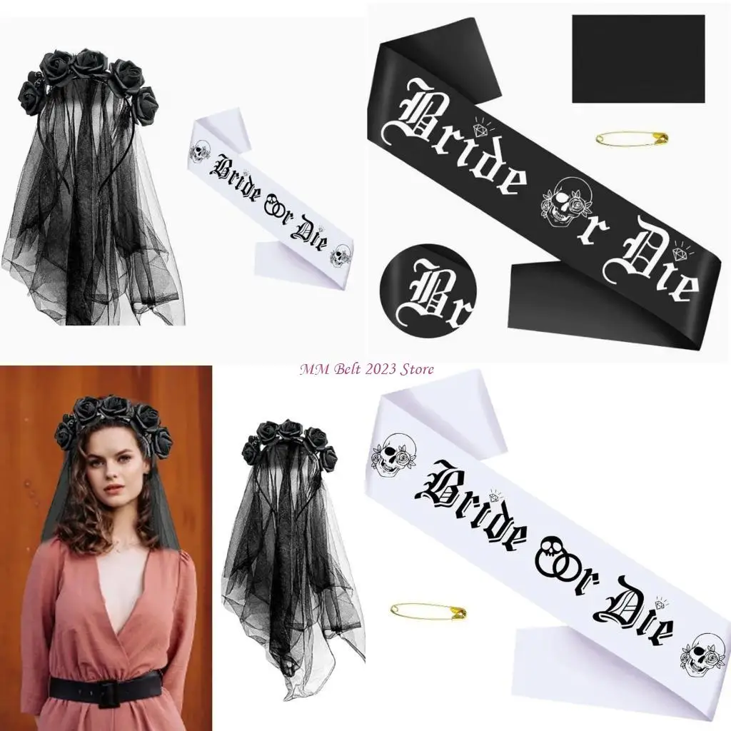 

49ME Bridal Rose Headband Halloween Costume Sash Dark Flower for Live Show