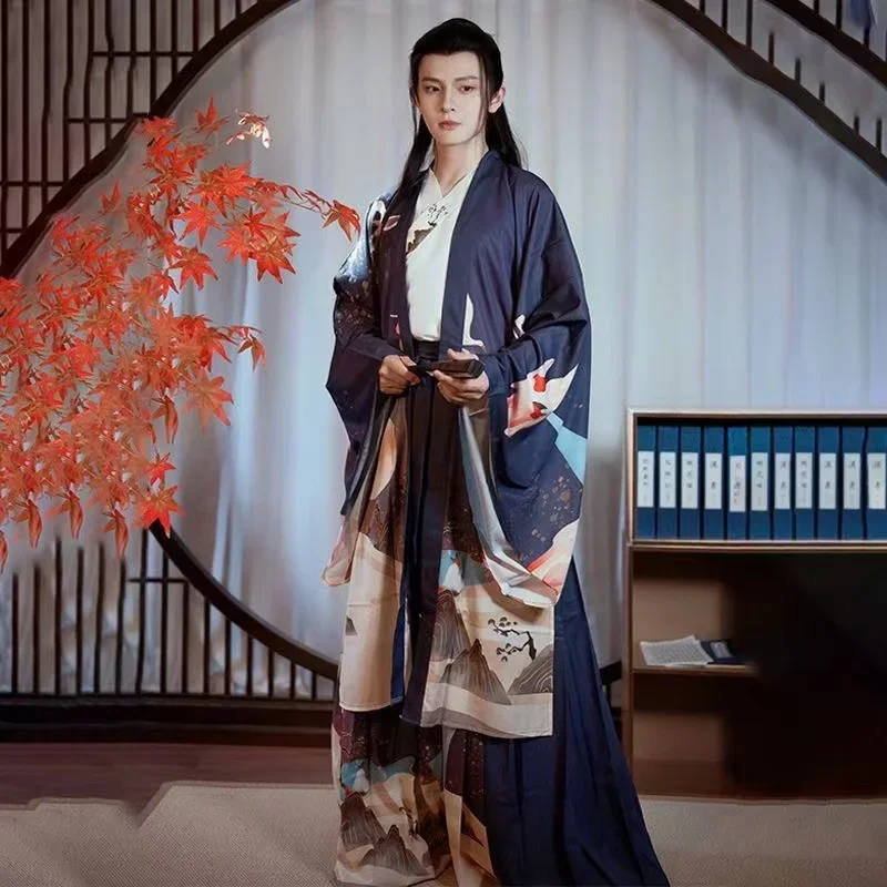 2025Wei Jin فترة عبر طوق الطباعة الرياح القمر Hanfu فستان مجموعة تأثيري الأصلي Hanfu الرجال النساء الملابس الصينية التقليدية