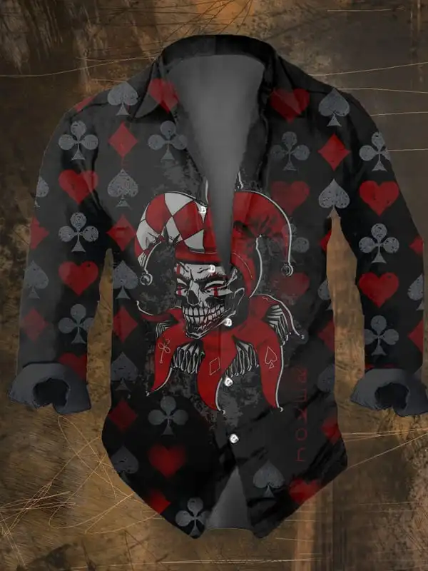 Halloween Men's Dark Skull Prints Long Sleeve Shirt-Vintage Skull Print,Regular Fit,Lapel Collar, Polyester Blend Black Tops image 2