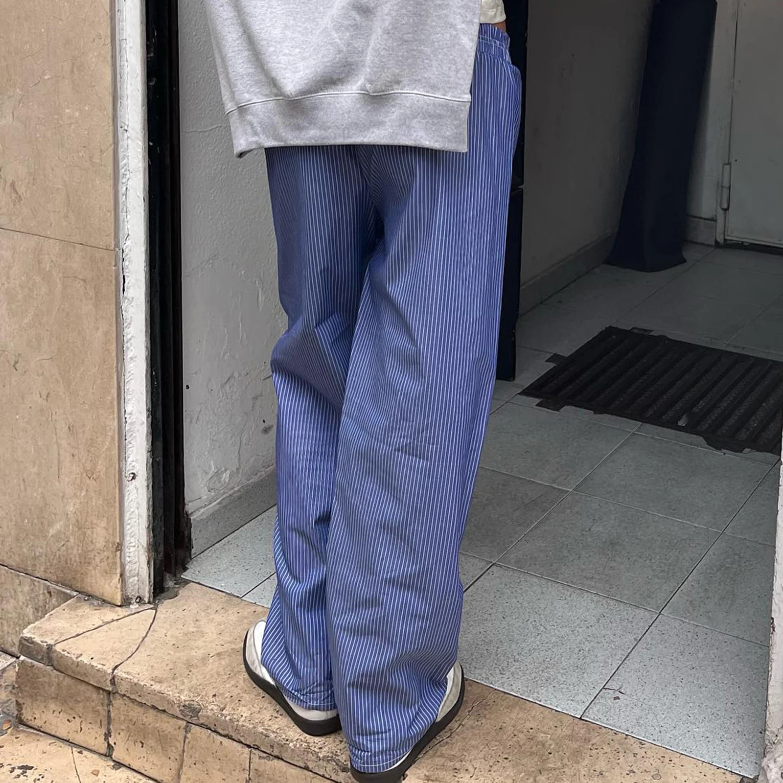 Combhasaki Womens Casual Cleanfit Striped Pants Elastic Low Waist Striped/Plaid Loose Aesthetic Trousers Streetwear with Pockets