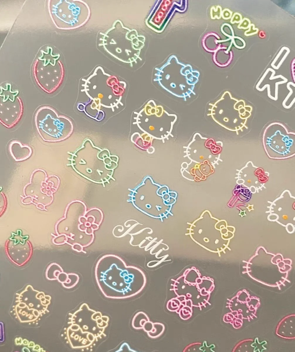 1 arkusz fluorescencyjna naklejka na paznokcie hellokitty tłoczona japońska kreskówka dziewczyna serce Hello Kitty uchwyt na długopis kubek naklejka dekoracyjna