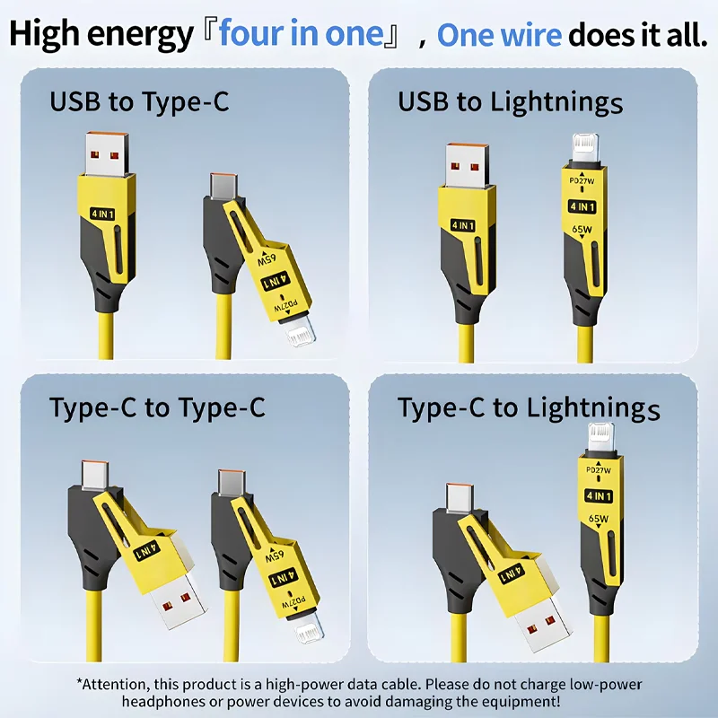 NEW 65W Rapid Charger Spring USB Cable 4 in 1 Spring Data Cable USB Type C Spring Telescopic Wire for iPhone iPad MacBook Huawei